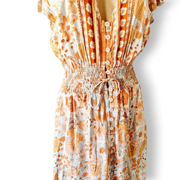 Honey Bunch blue orange + tan floral print high-low boho maxi dress fits AU 8-14 - Picture 13 of 15